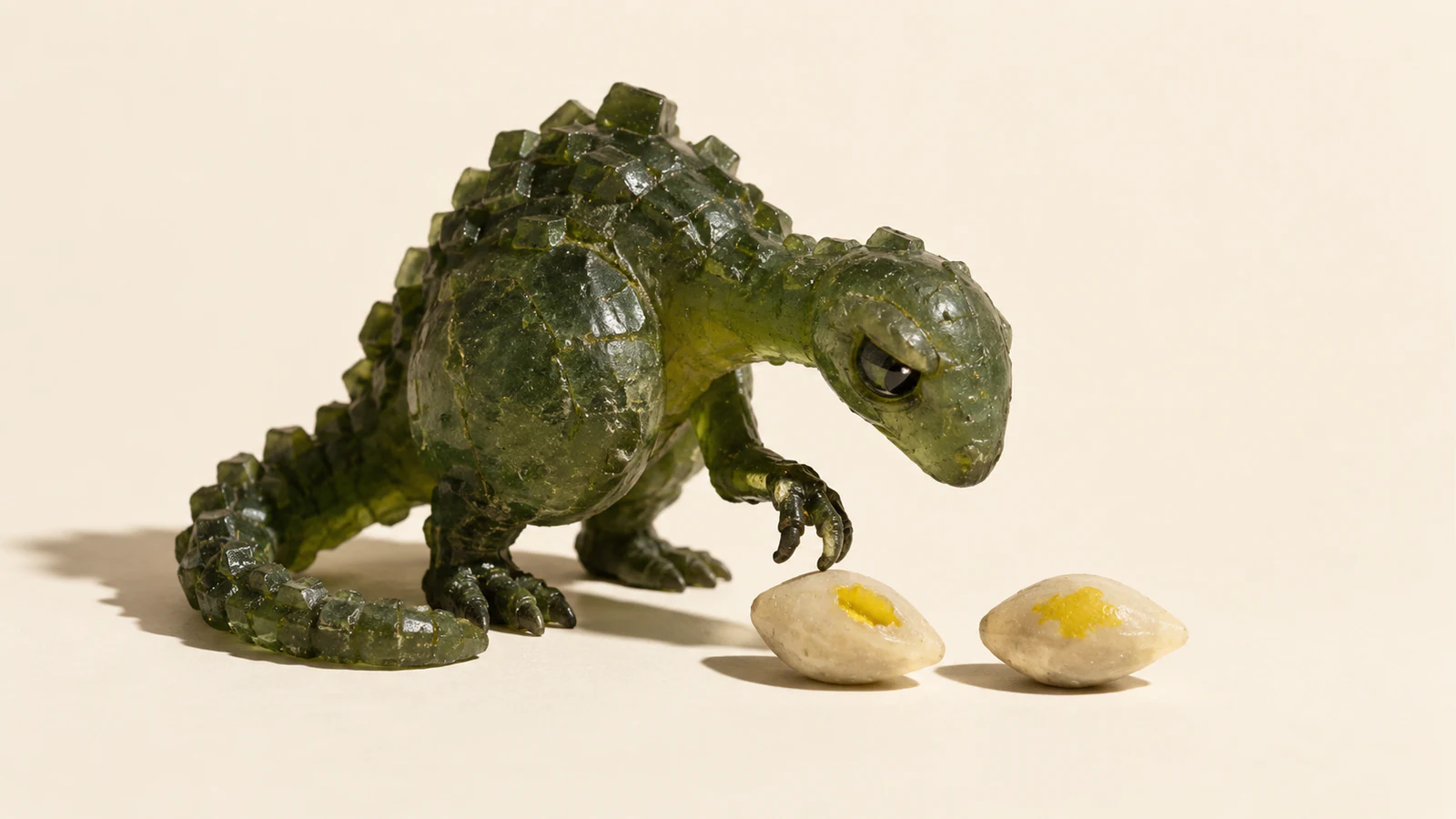 A skeptical green resin dinosaur hovers a claw over two ivory seed-shaped pieces with similar yellow marks, one recessed and one flat, casting a hard shadow across an ivory background.