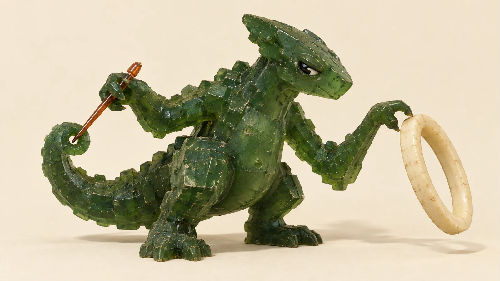 A scuffed translucent green dinosaur threads a copper-colored needle through its curled tail while suspending a tilted ivory ring from one claw, against a warm ivory background.