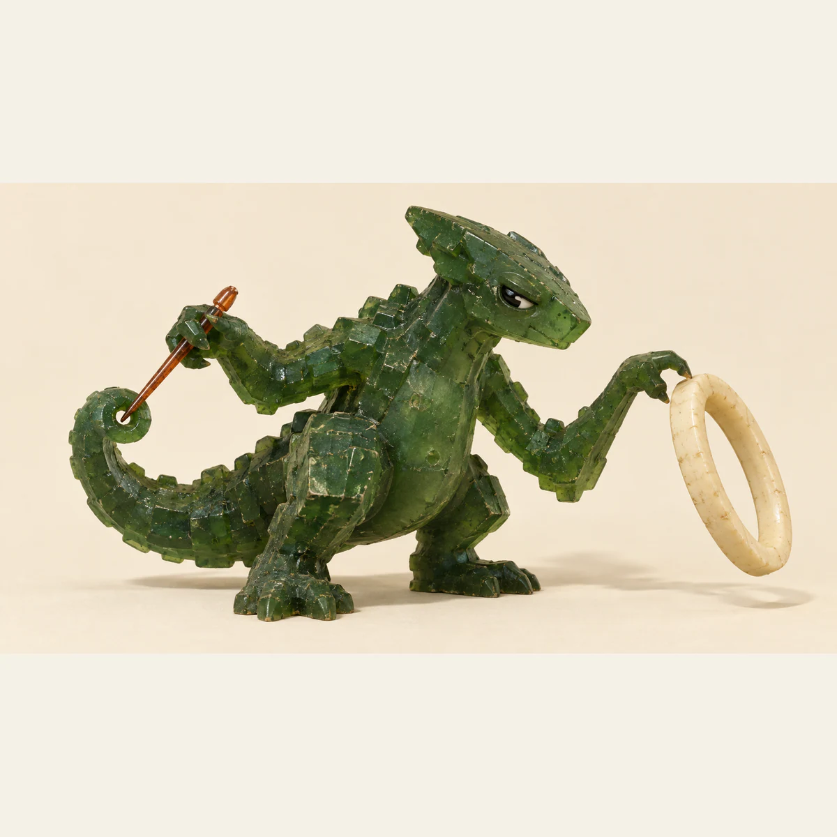 A scuffed translucent green dinosaur threads a copper-colored needle through its curled tail while suspending a tilted ivory ring from one claw, against a warm ivory background.