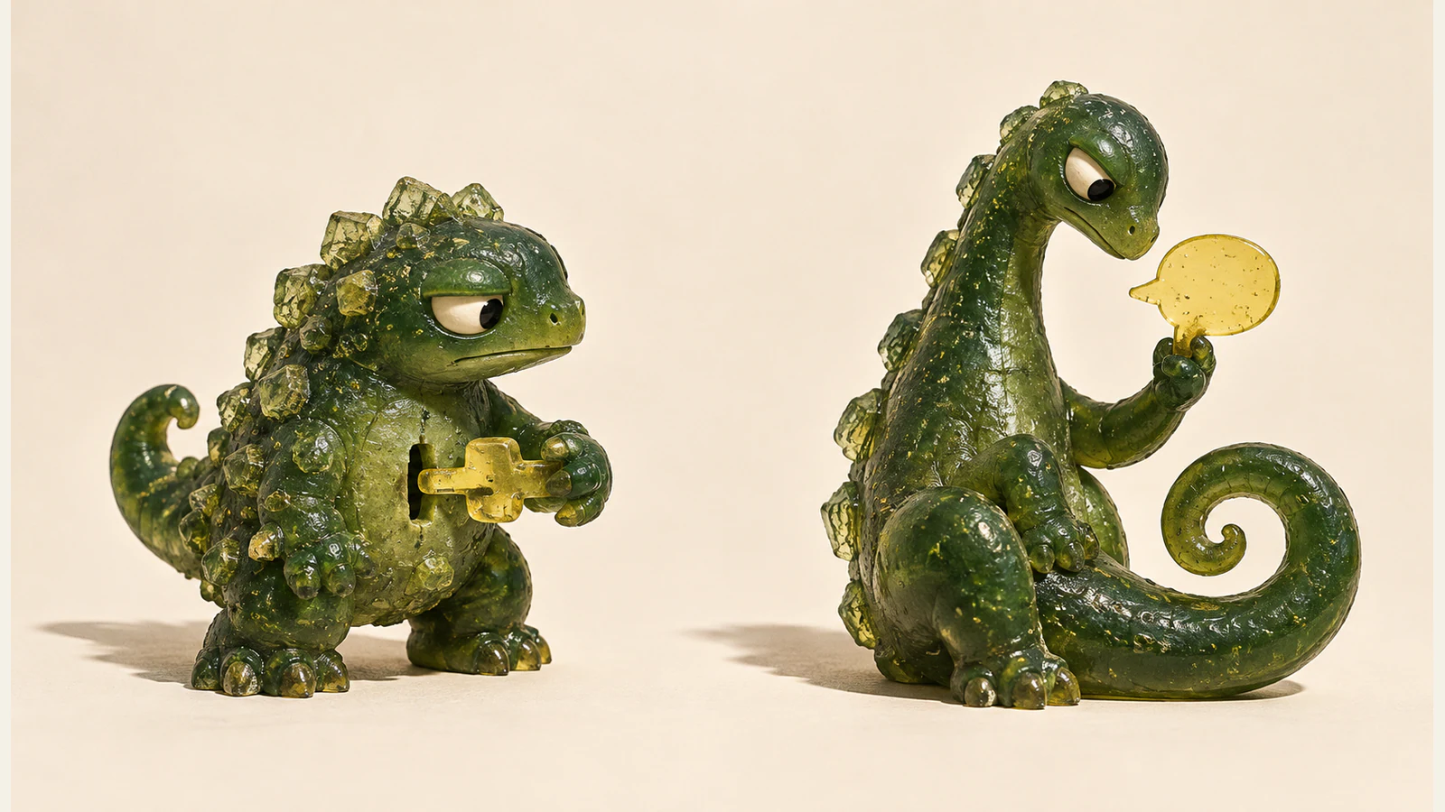 Two green resin dinosaurs stand apart on ivory. A squat dinosaur fits a yellow piece into its belly; a long-necked dinosaur holds a blank yellow speech bubble above its curled tail.