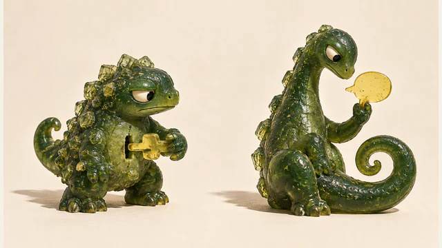 Two green resin dinosaurs stand apart on ivory. A squat dinosaur fits a yellow piece into its belly; a long-necked dinosaur holds a blank yellow speech bubble above its curled tail.