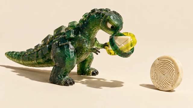 A translucent green resin dinosaur examines an ivory envelope encircled by green and yellow bands. A separate fingerprint medallion stands untouched to the right, casting a hard shadow on the warm ivory surface.