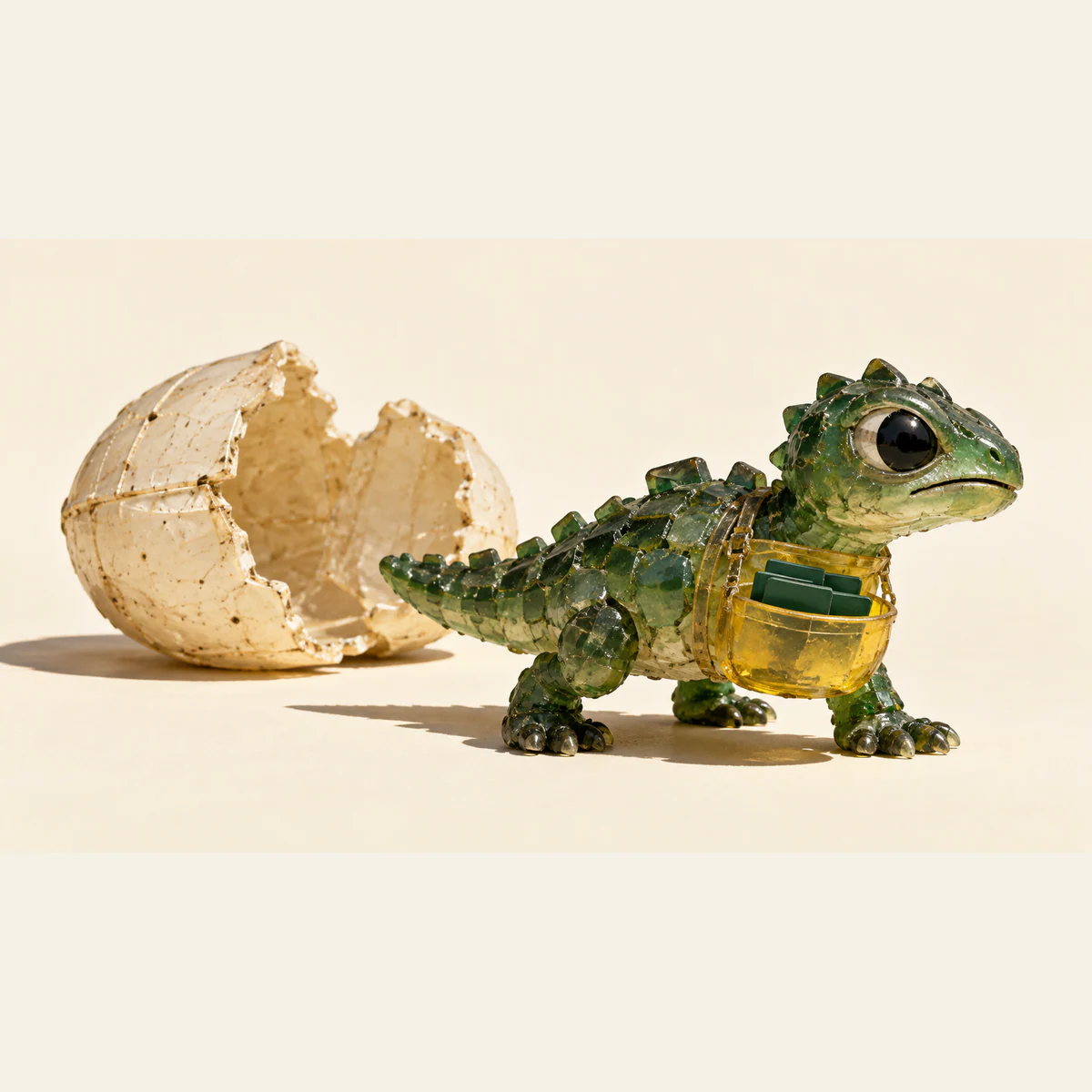 A translucent green resin dinosaur carries dark green file tabs in a yellow chest pouch, with a broken ivory egg-like shell behind it. Hard shadows fall across a warm ivory background.