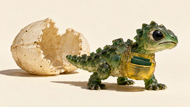 A translucent green resin dinosaur carries dark green file tabs in a yellow chest pouch, with a broken ivory egg-like shell behind it. Hard shadows fall across a warm ivory background.