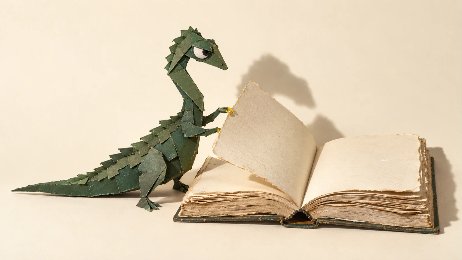 A forest-green paper dinosaur with a skeptical eye and yellow claws lifts a blank, rough-edged page of an oversized open book. Handmade seams and strong shadows stand out against warm ivory.