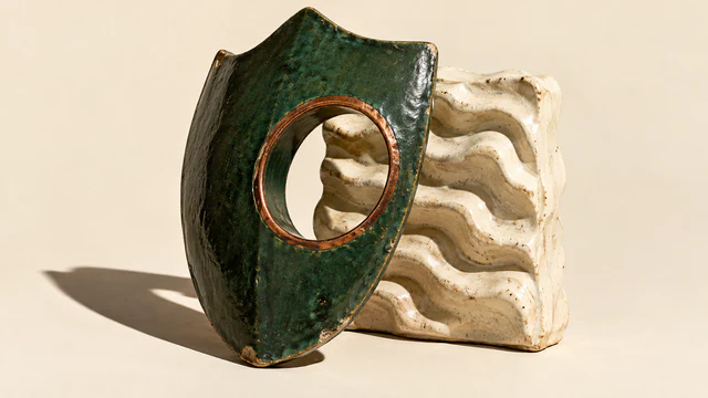 A scuffed forest-green ceramic shield with a copper-rimmed circular opening leans before a ridged ivory ceramic slab, casting a long shadow across a warm ivory background.