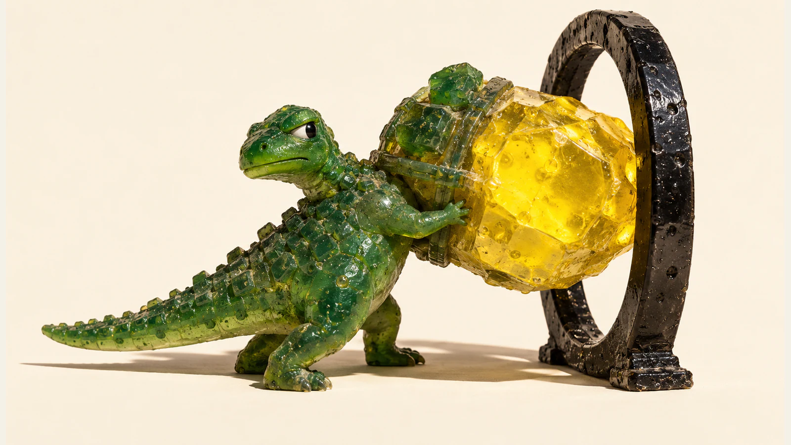 A skeptical green resin dinosaur braces a bulky yellow-and-green bundle against a black hoop on an ivory background, casting a hard shadow.