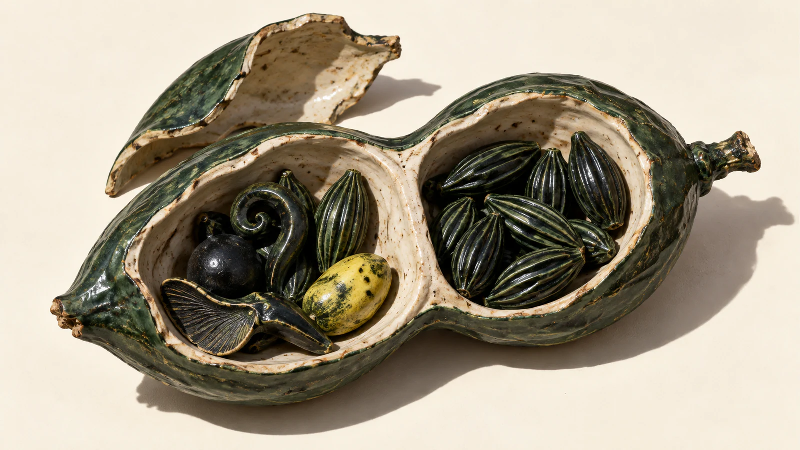 An opened green ceramic seedpod on ivory holds varied sculptural seeds in its left chamber and matching ridged seeds in its right. A detached shell rests behind it, casting a hard shadow.