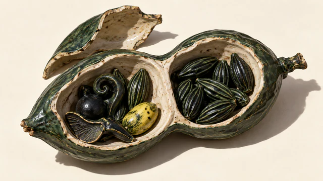 An opened green ceramic seedpod on ivory holds varied sculptural seeds in its left chamber and matching ridged seeds in its right. A detached shell rests behind it, casting a hard shadow.