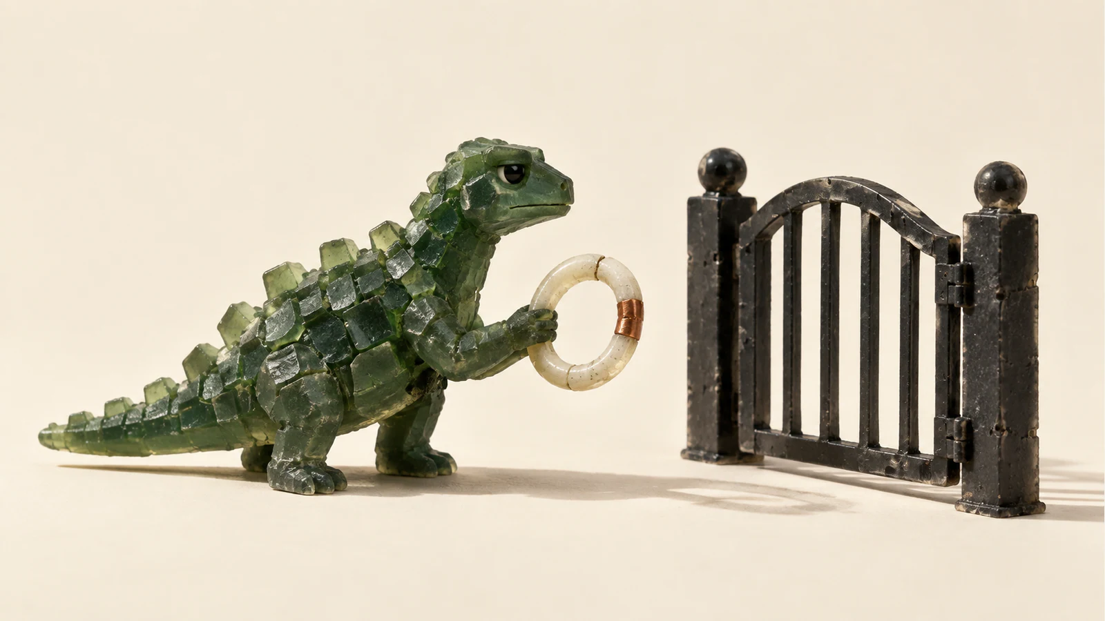 A skeptical green resin dinosaur holds a cracked ivory ring with a copper-colored patch before a closed black gate, casting shadows across a warm ivory background.