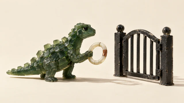 A skeptical green resin dinosaur holds a cracked ivory ring with a copper-colored patch before a closed black gate, casting shadows across a warm ivory background.