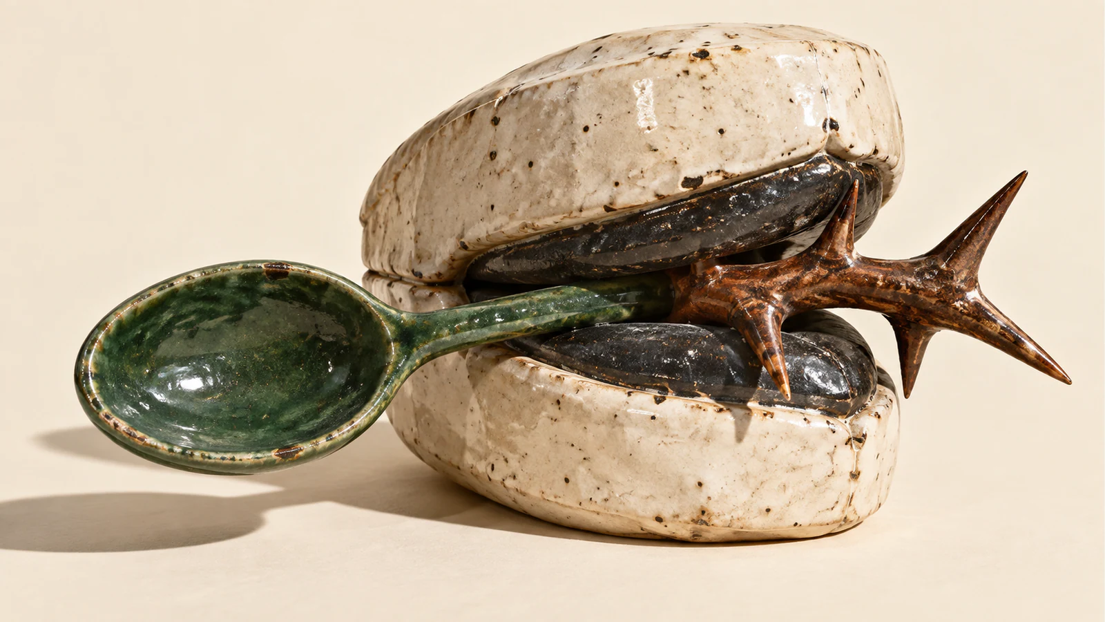 An ivory ceramic clasp with black inner jaws traps a green spoon beside a copper-colored thorn branch, casting hard shadows across a warm ivory surface.
