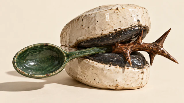 An ivory ceramic clasp with black inner jaws traps a green spoon beside a copper-colored thorn branch, casting hard shadows across a warm ivory surface.