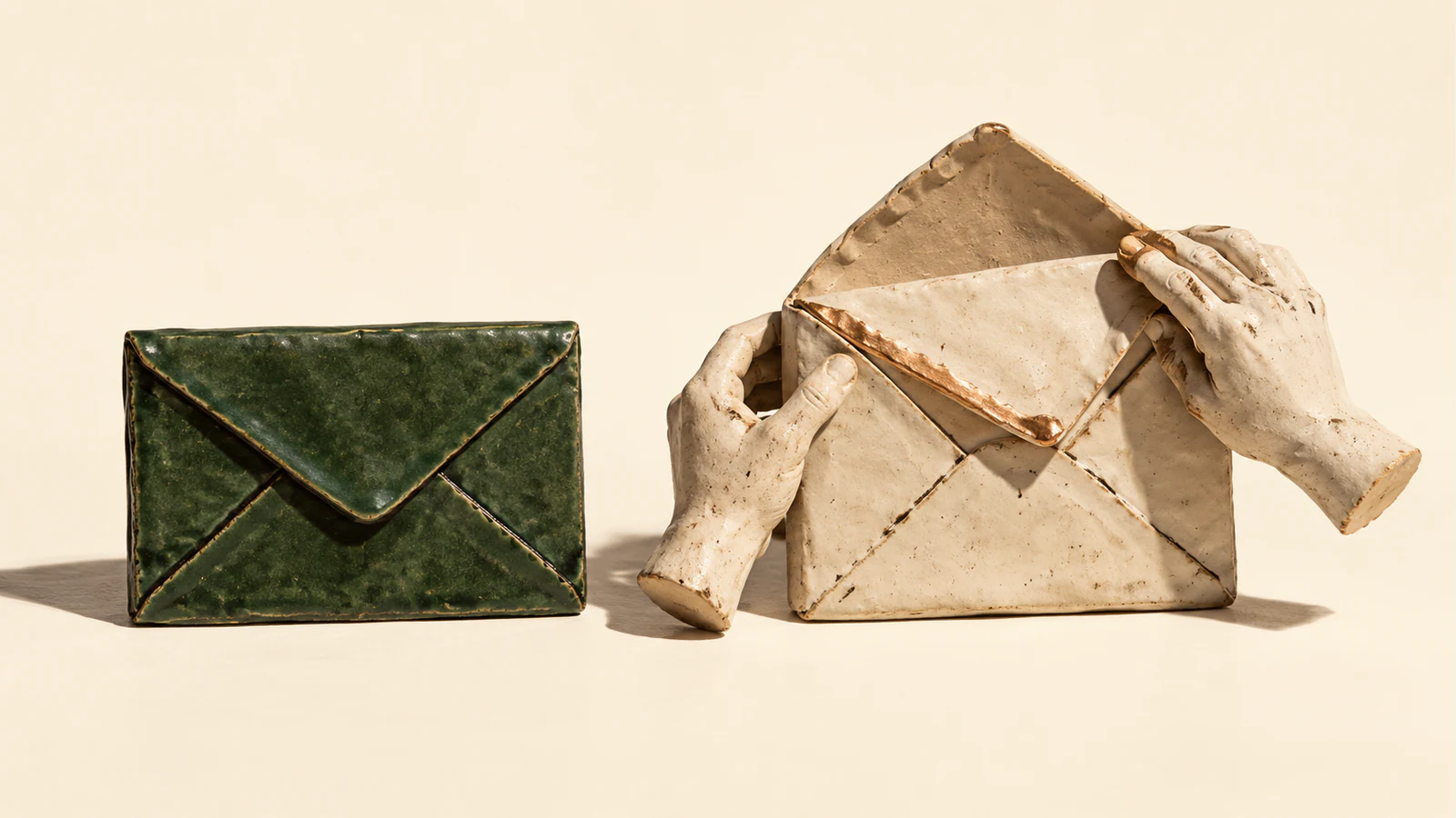 A closed forest-green ceramic envelope sits beside a larger open ivory envelope held by two sculpted ceramic hands. Copper accents, rough seams and hard shadows stand out against a warm ivory background.