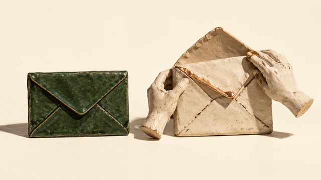 A closed forest-green ceramic envelope sits beside a larger open ivory envelope held by two sculpted ceramic hands. Copper accents, rough seams and hard shadows stand out against a warm ivory background.