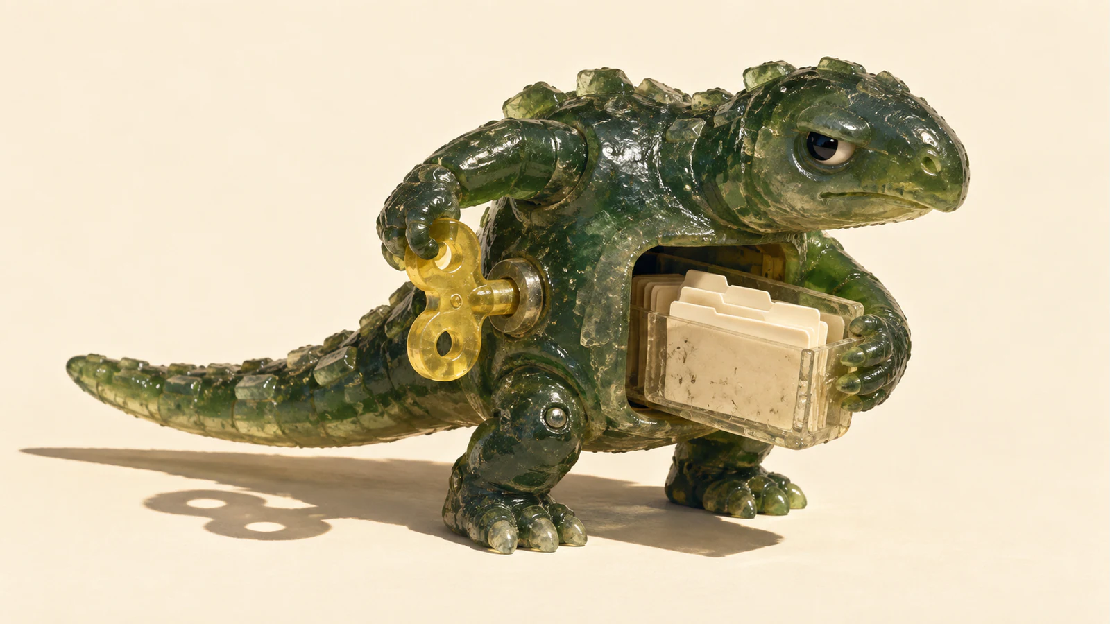 A scuffed translucent green dinosaur holds a cassette of ivory file folders at its open belly while gripping a yellow winding key on its side. Hard shadows fall across a warm ivory background.
