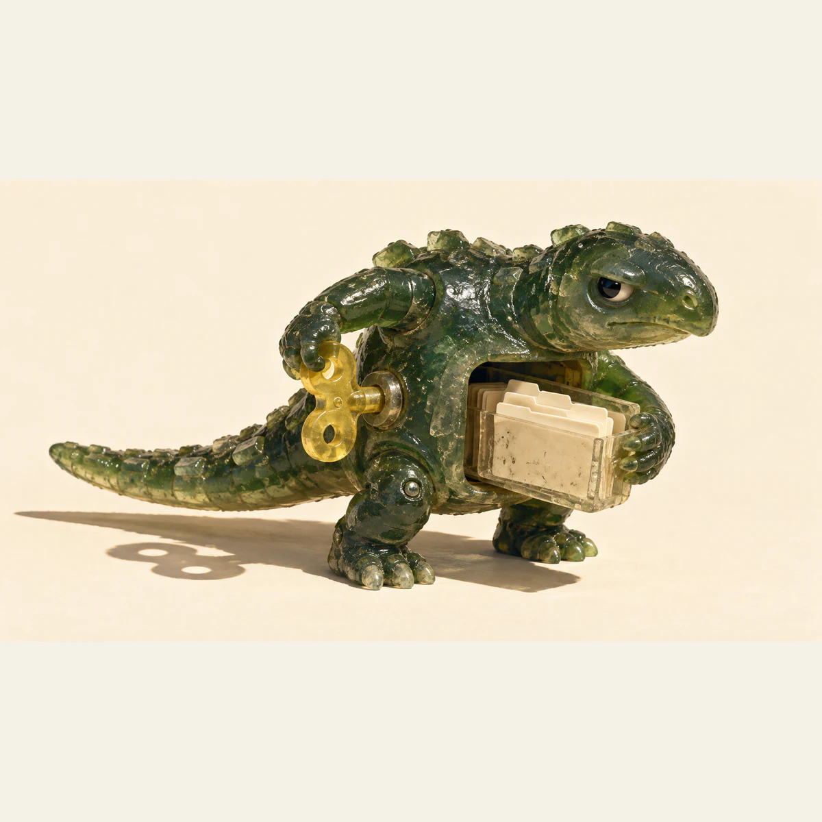 A scuffed translucent green dinosaur holds a cassette of ivory file folders at its open belly while gripping a yellow winding key on its side. Hard shadows fall across a warm ivory background.