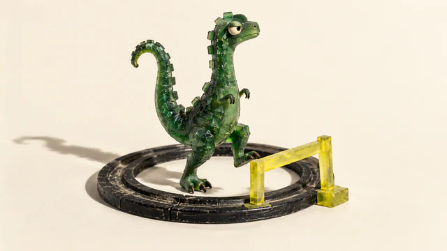 A skeptical green resin dinosaur raises one foot beside a yellow barrier on a scuffed black circular track, casting a long shadow across an ivory background.