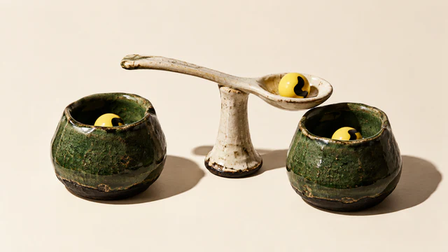 Two rough forest-green ceramic vessels contain yellow pellets with black markings. Between them, an ivory ceramic spoon on a pedestal holds a matching pellet above the right vessel, casting hard shadows on a warm-ivory background.