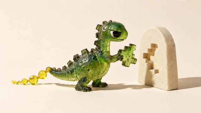 A translucent green resin dinosaur holds a jagged piece before a matching opening in an ivory slab. Yellow beads trail from its tail, with hard shadows across the warm ivory ground.