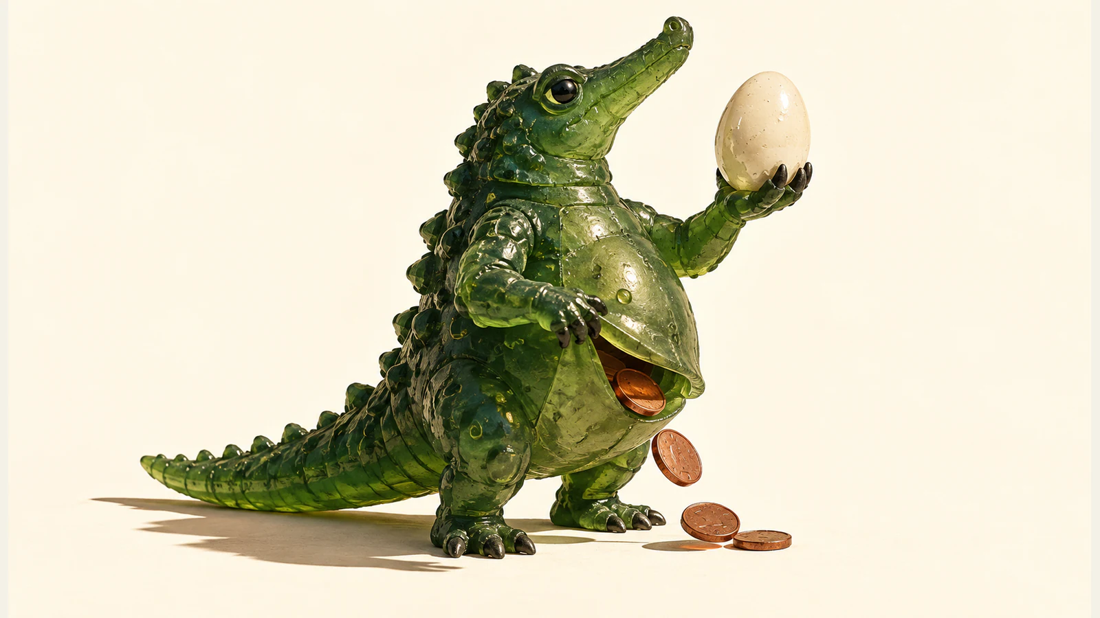 A translucent green resin dinosaur holds an intact ivory egg while copper-colored coins spill from its open belly pouch, casting a hard shadow across an ivory background.
