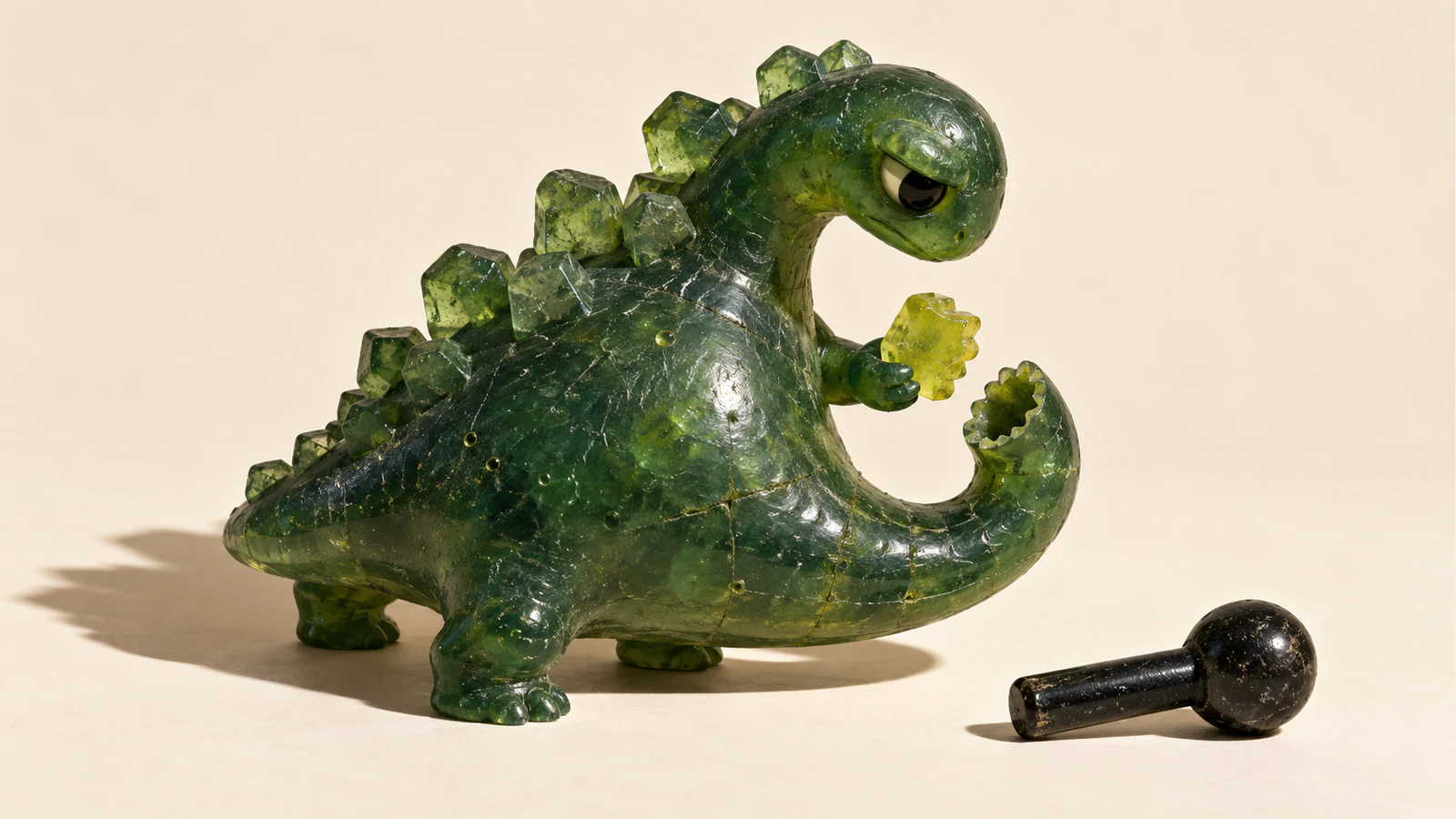 A scuffed translucent green resin dinosaur holds a yellow scalloped piece beside a matching opening in its curled tail. An unused black round-ended object rests on the ivory floor.