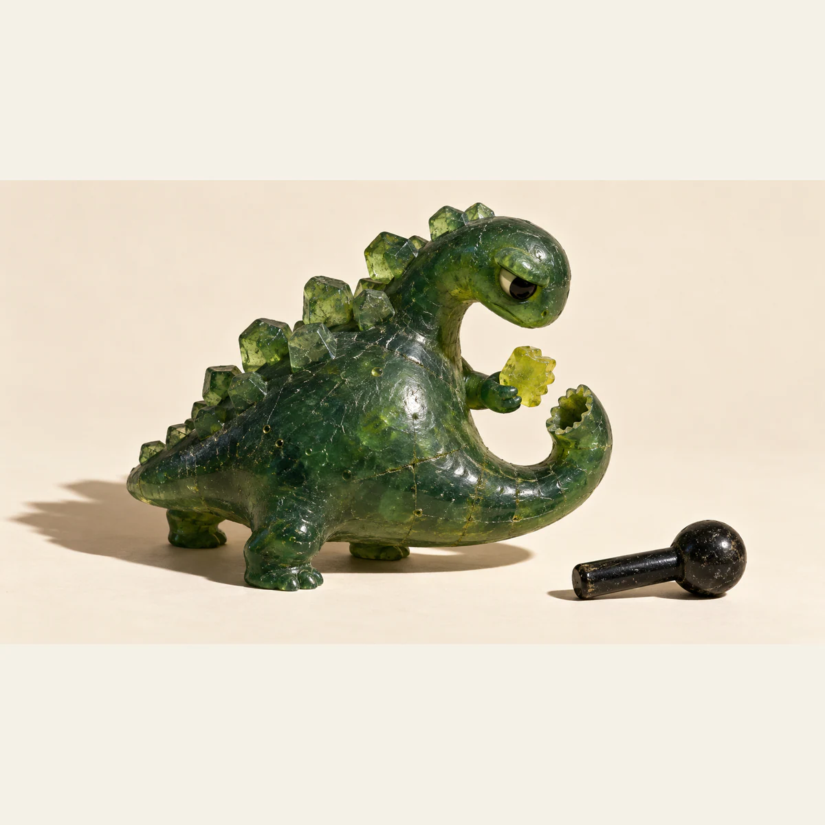 A scuffed translucent green resin dinosaur holds a yellow scalloped piece beside a matching opening in its curled tail. An unused black round-ended object rests on the ivory floor.
