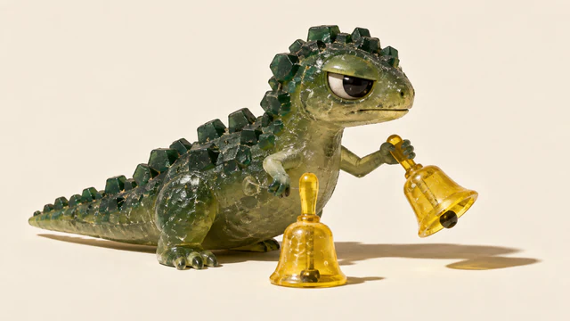 A skeptical translucent green resin dinosaur holds one yellow bell tilted aloft while a second stands idle on an ivory surface, casting hard shadows.