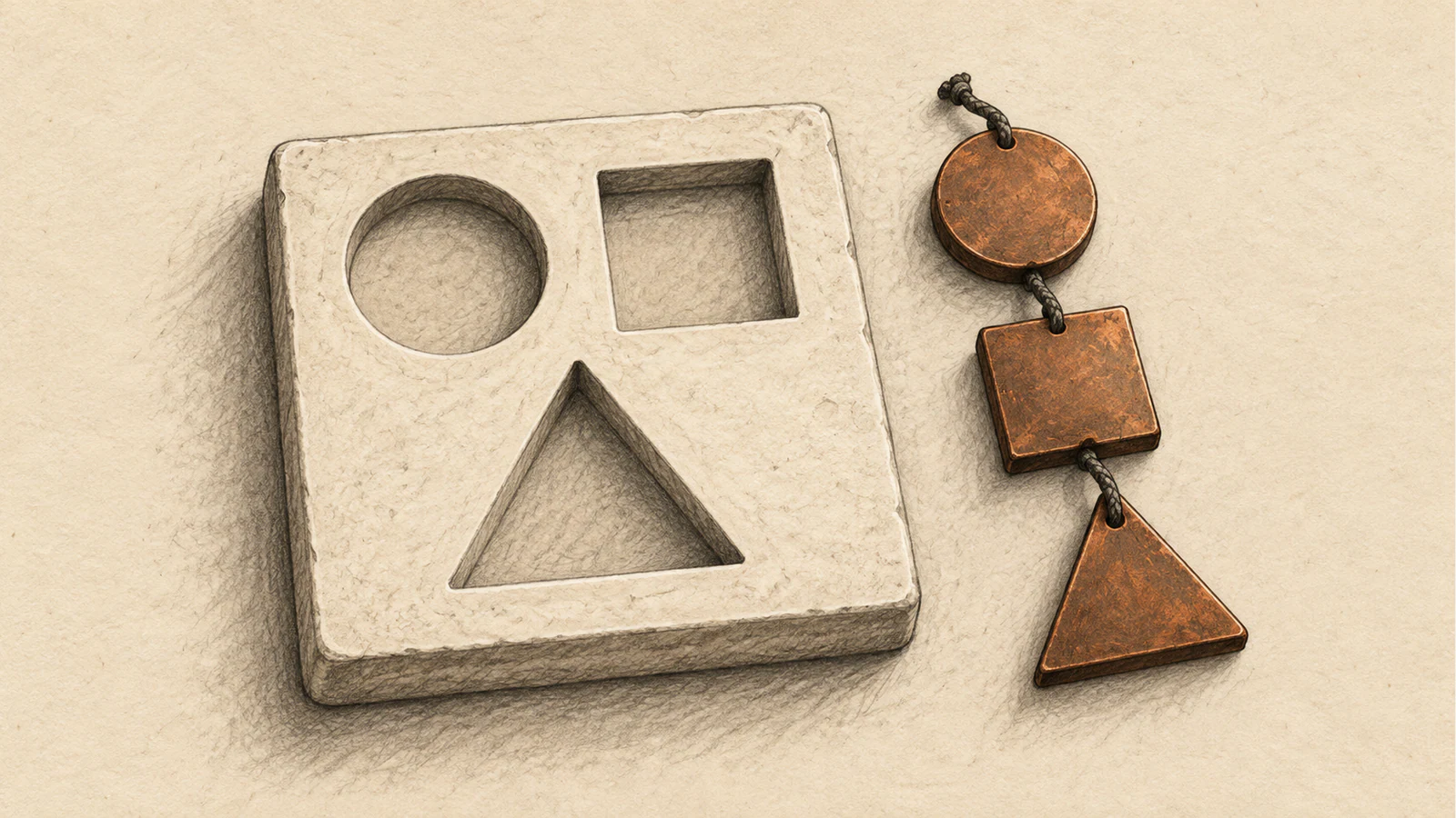 Graphite illustration on warm ivory paper: a plaster slab holds circular and square recesses side by side above a triangular recess. Matching copper pieces lie beside it, joined by a dark cord in single file.