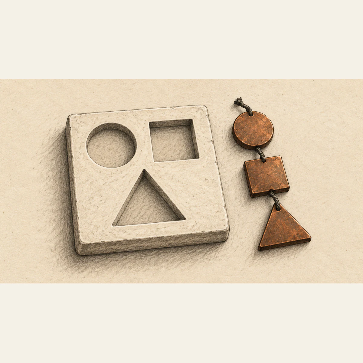 Graphite illustration on warm ivory paper: a plaster slab holds circular and square recesses side by side above a triangular recess. Matching copper pieces lie beside it, joined by a dark cord in single file.