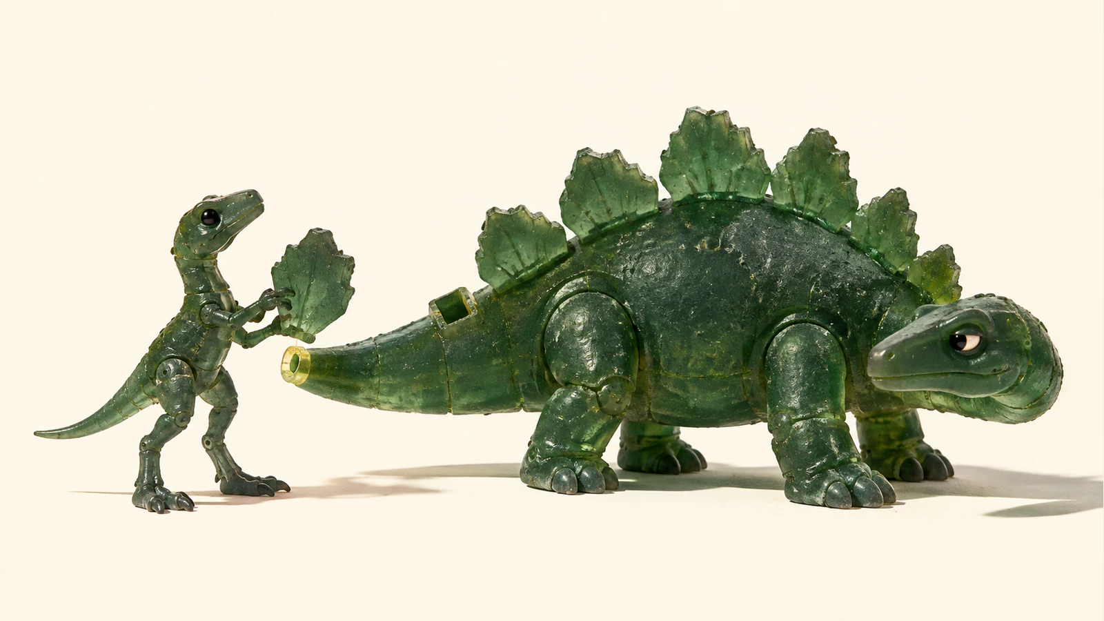 A small upright green resin dinosaur holds a loose back plate beside a larger plated dinosaur with an empty socket. Scuffed surfaces, visible joints and hard shadows give the ivory scene a handmade quality.