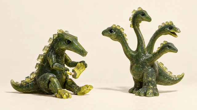 Two handmade green resin dinosaurs on an ivory background: a seated dinosaur handles a detachable yellow foot beside a standing, four-headed dinosaur. Bubbles, scratches and construction seams mark their surfaces.