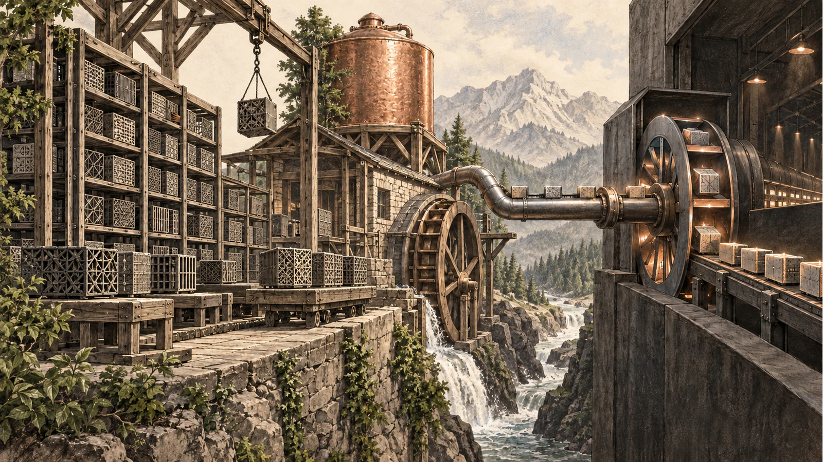 An open repository of modular model blocks sits beside a water-powered copper pipe that feeds an enclosed metering mill.