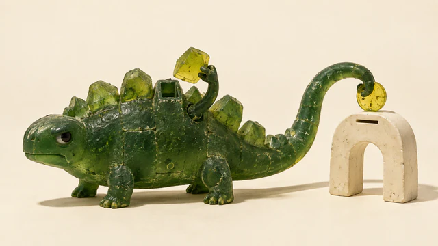 A scuffed green resin dinosaur holds a yellow scale above an open socket in its back while its curled tail suspends a yellow token above a separate ivory coin-slot arch.