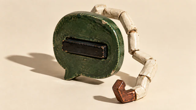 A chipped green ceramic speech bubble has a black bar across its opening. An ivory segmented ceramic arm curves around its right edge, ending in a copper-colored hook, casting hard shadows on warm ivory.