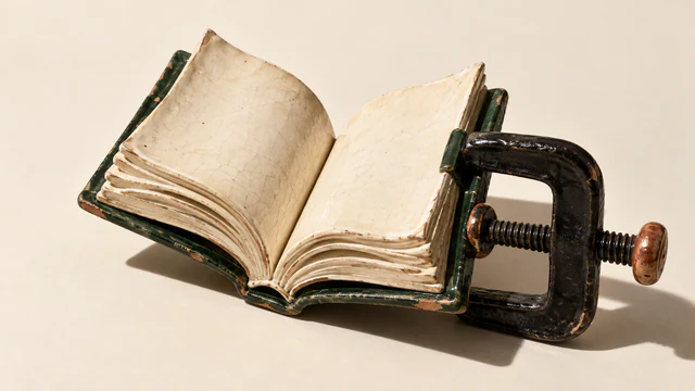 An open ceramic book with blank, cracked ivory pages and a chipped forest-green cover is gripped along its right edge by a black clamp with copper-colored accents, casting hard shadows on an ivory surface.