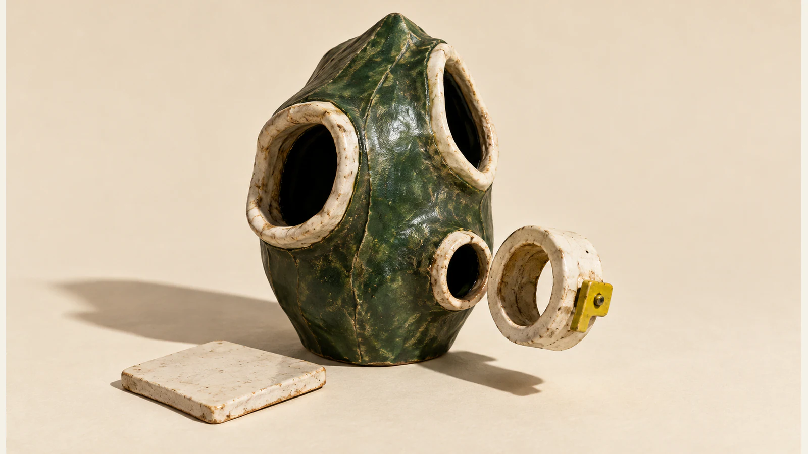 A rough forest-green ceramic pod has three ivory-rimmed openings. A detached ivory collar with a yellow latch floats beside the smallest opening; a blank ceramic tile rests nearby on an ivory surface under hard shadows.