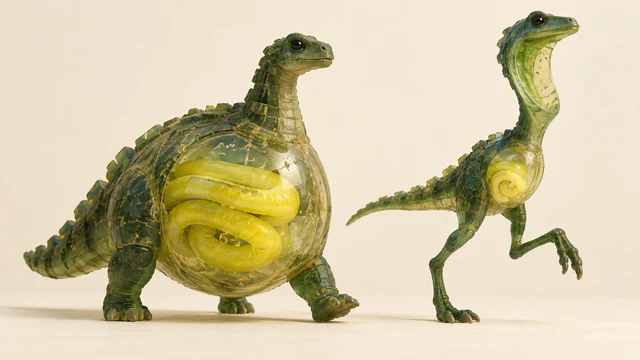 Two imperfect translucent green resin dinosaurs on ivory: a broad, squat creature holds a bulky yellow coil inside its belly, while a slender companion carries a smaller coil and lifts one long leg.