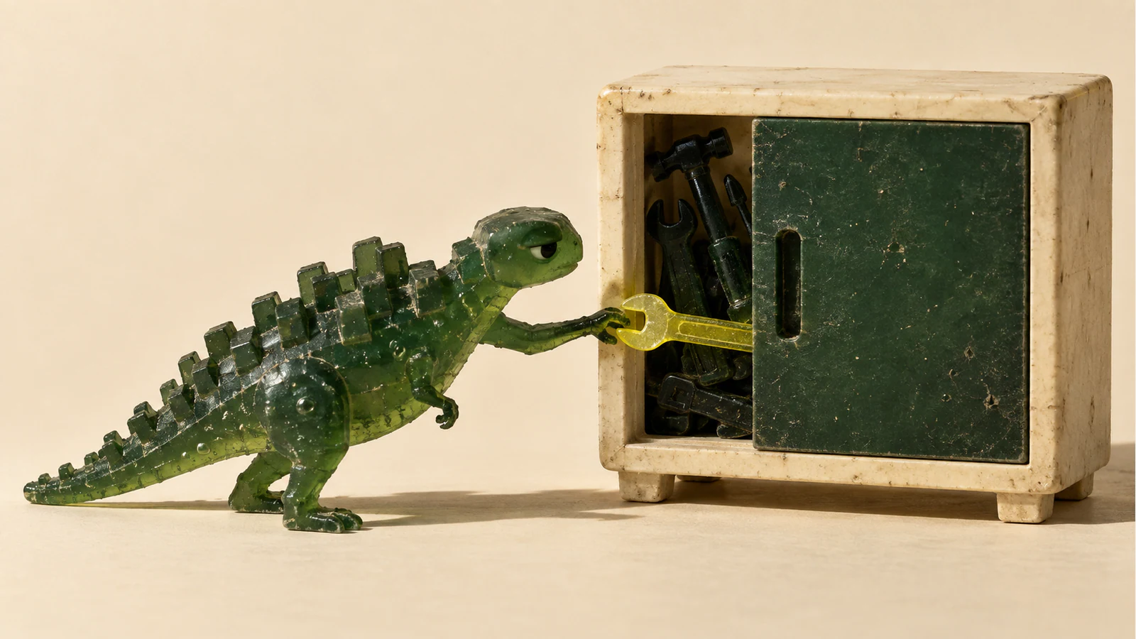A translucent green dinosaur with blocky scales grasps a yellow wrench protruding from a worn ivory tool cabinet. A partly closed green panel covers much of the cabinet, with other tools visible inside.
