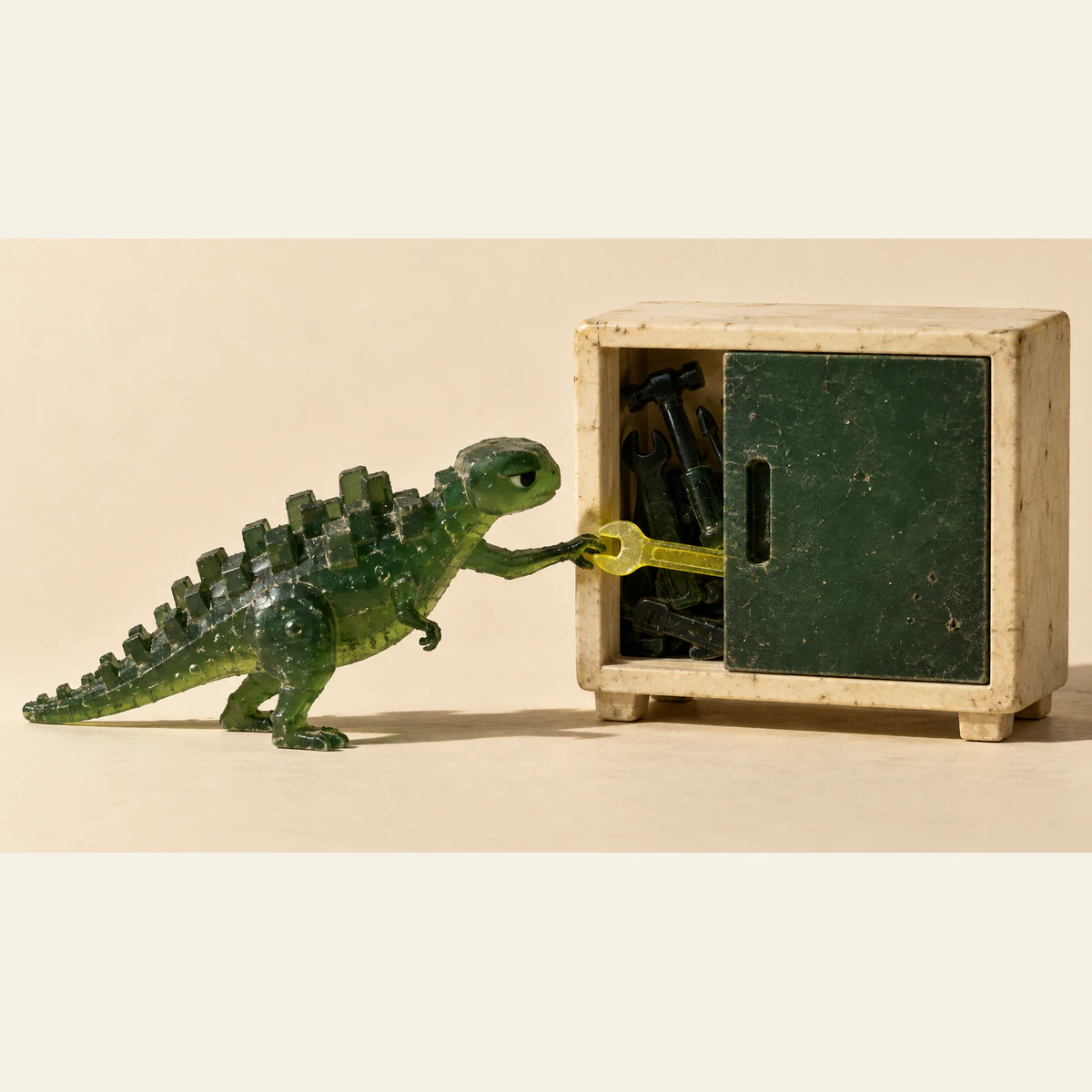 A translucent green dinosaur with blocky scales grasps a yellow wrench protruding from a worn ivory tool cabinet. A partly closed green panel covers much of the cabinet, with other tools visible inside.