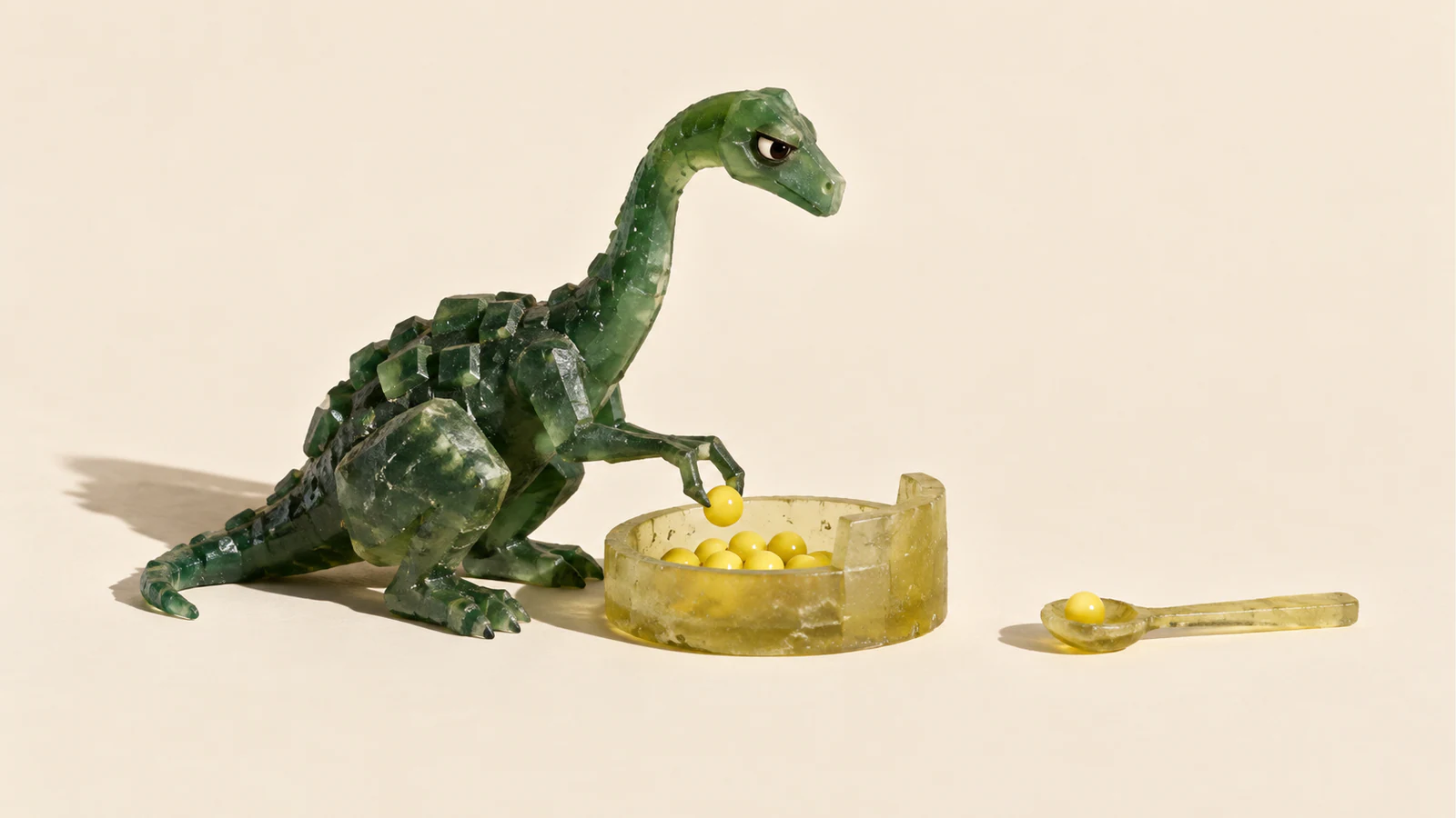 A skeptical green resin dinosaur lifts a yellow pellet from a shallow dish. A separate resin spoon holds one pellet on the ivory ground, with hard shadows beneath the handmade objects.