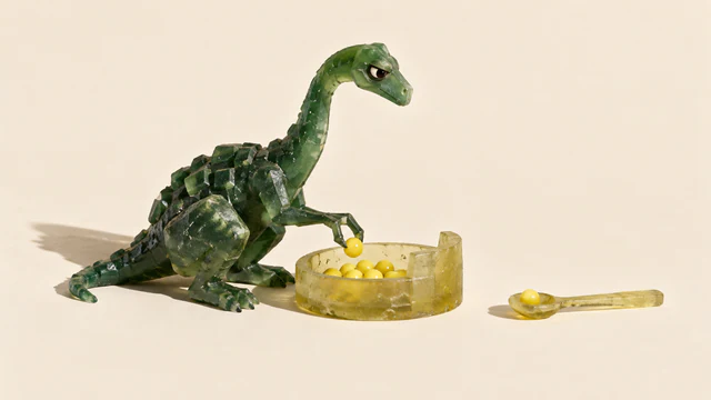 A skeptical green resin dinosaur lifts a yellow pellet from a shallow dish. A separate resin spoon holds one pellet on the ivory ground, with hard shadows beneath the handmade objects.
