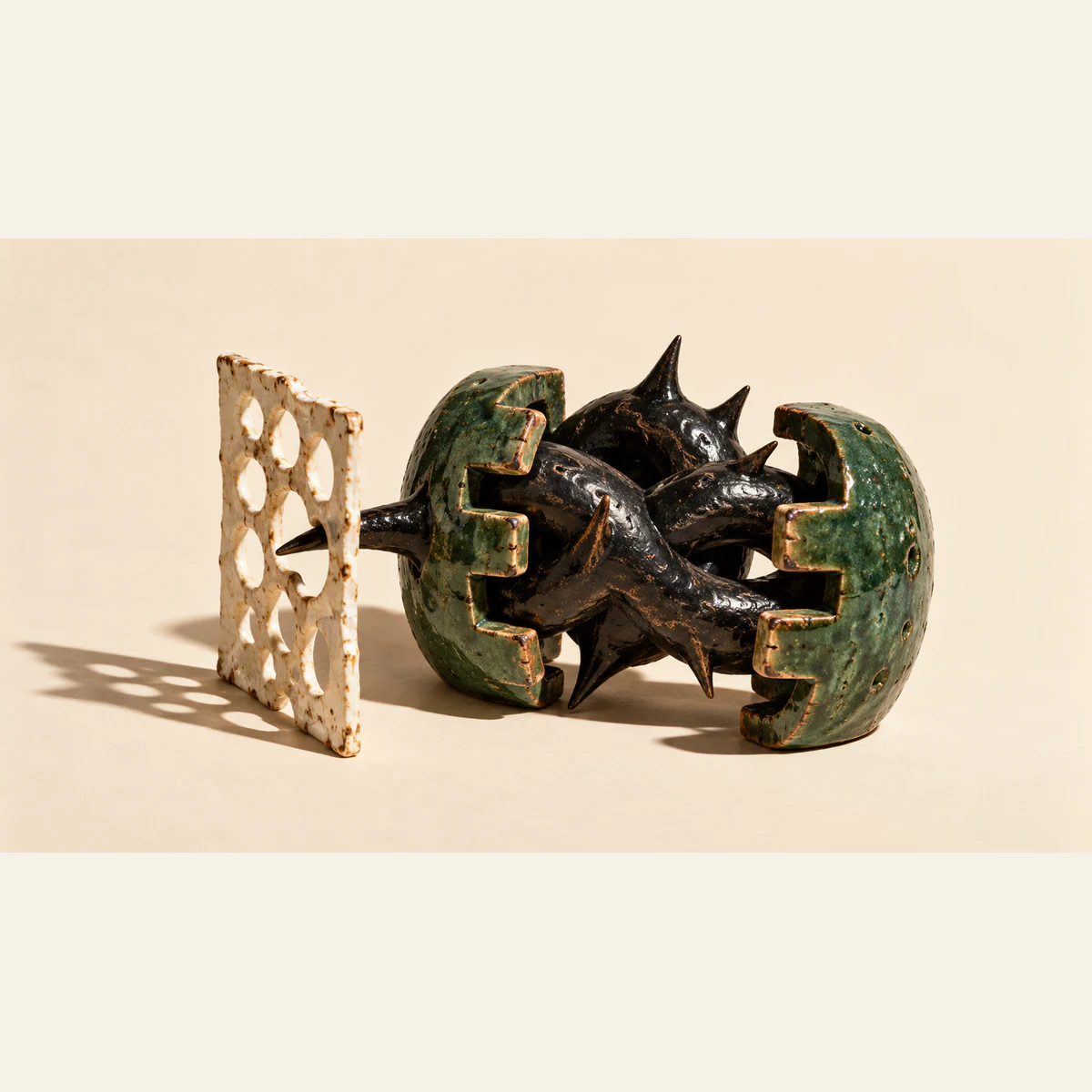 A black thorned ceramic knot sits between two open forest-green toothed shells. One spike passes through a thin perforated ivory screen. Chipped copper-colored edges and hard shadows mark the warm ivory scene.