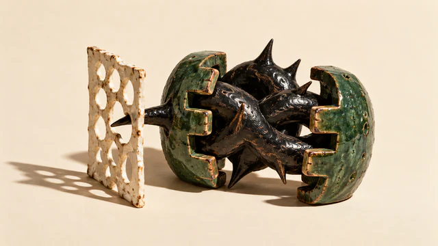 A black thorned ceramic knot sits between two open forest-green toothed shells. One spike passes through a thin perforated ivory screen. Chipped copper-colored edges and hard shadows mark the warm ivory scene.