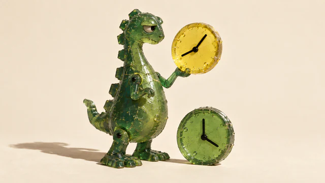 A translucent green resin dinosaur holds a yellow clock with unnumbered hands beside a separate green clock showing a different position on an ivory surface.