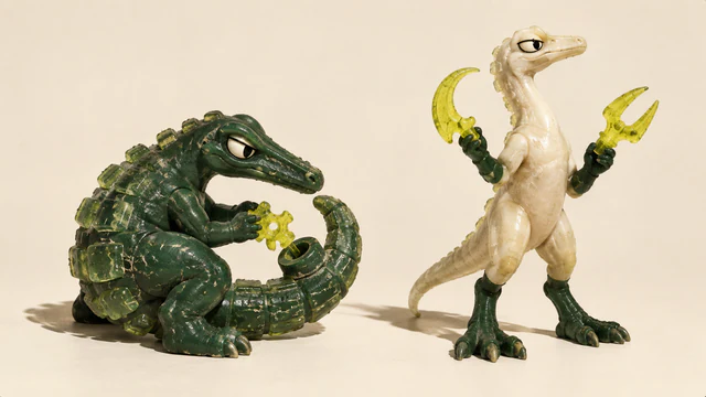 Two scuffed resin dinosaurs on an ivory background: a crouching green creature fits a yellow piece into its curled tail, while an upright ivory creature holds two differently shaped yellow tools. Hard shadows emphasize their handmade textures.