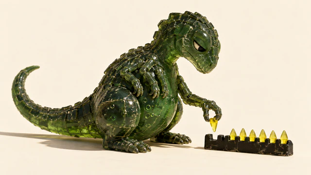 A translucent forest-green resin dinosaur with tucked spare arms lowers a yellow tooth into a gap in a black toothed strip, on an ivory background.