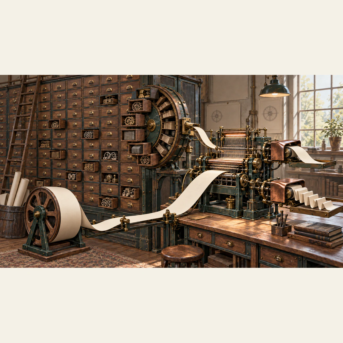 A large cabinet of mechanical experts selectively opens a few drawers into a compact loom fed by a long blank paper context ribbon.