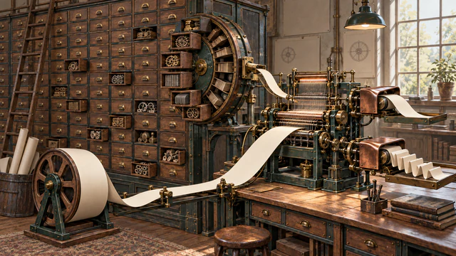 A large cabinet of mechanical experts selectively opens a few drawers into a compact loom fed by a long blank paper context ribbon.