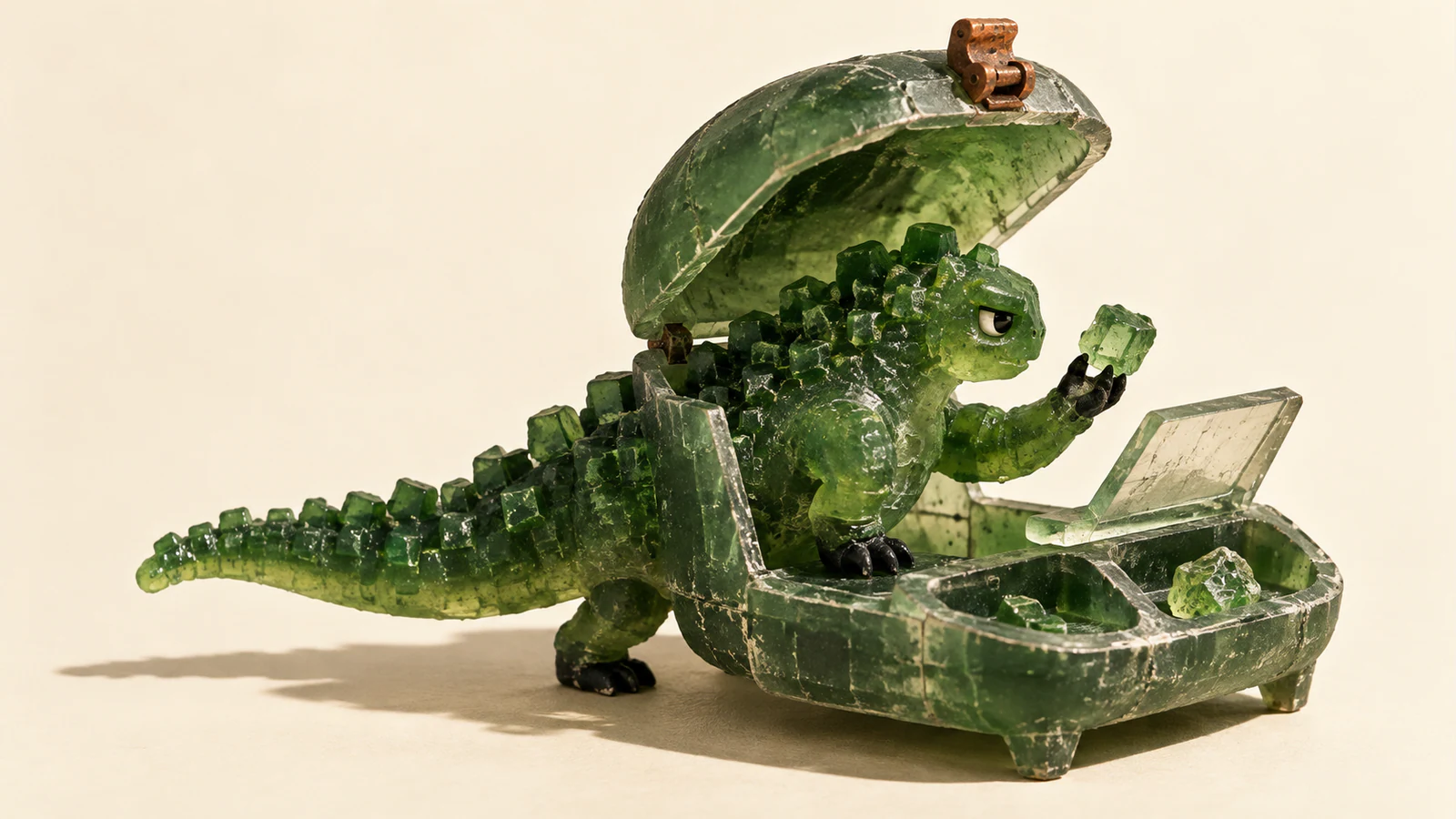 A skeptical green resin dinosaur stands partly inside an open, compartmented shell, holding a translucent fragment beside a tilted inspection panel. Copper hardware and hard shadows punctuate the ivory background.